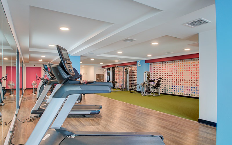Large fitness center with plenty of equipment and large windows 